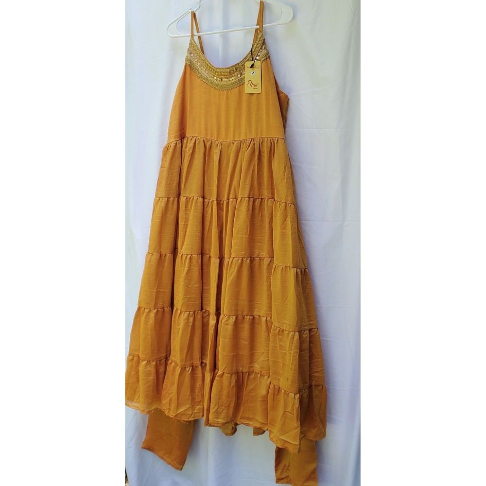 Elina Fashion Mustard Yellow Tiered Maxi Dress and PantsSet Gold Embellished NWT